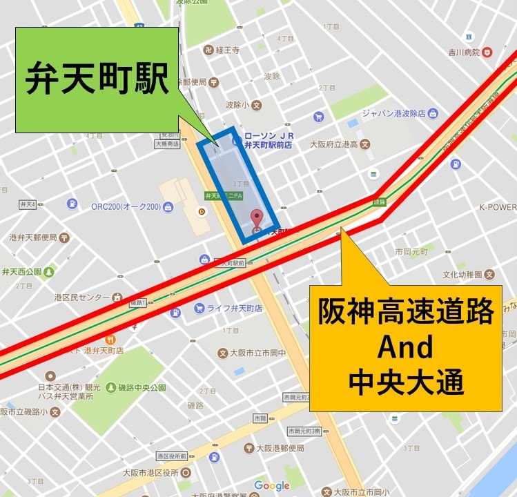 弁天町駅と幹線道路の位置関係図