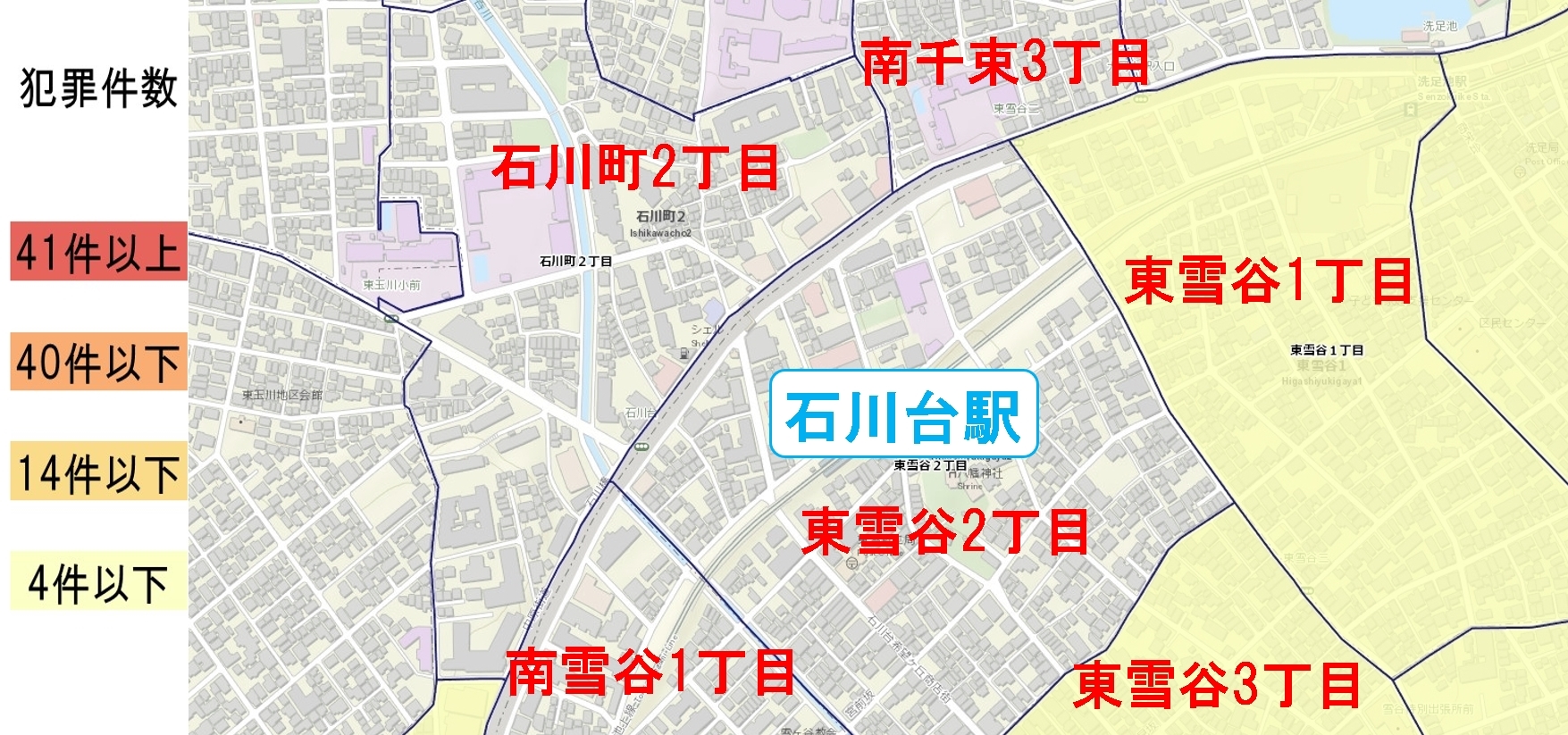 石川台駅周辺の粗暴犯の犯罪件数マップ