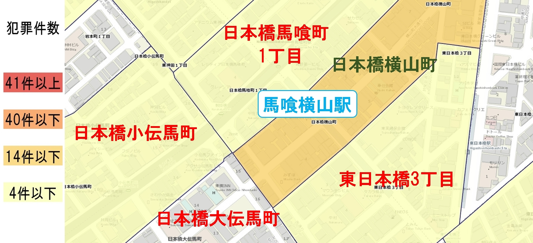 馬喰横山駅周辺の粗暴犯の犯罪件数マップ