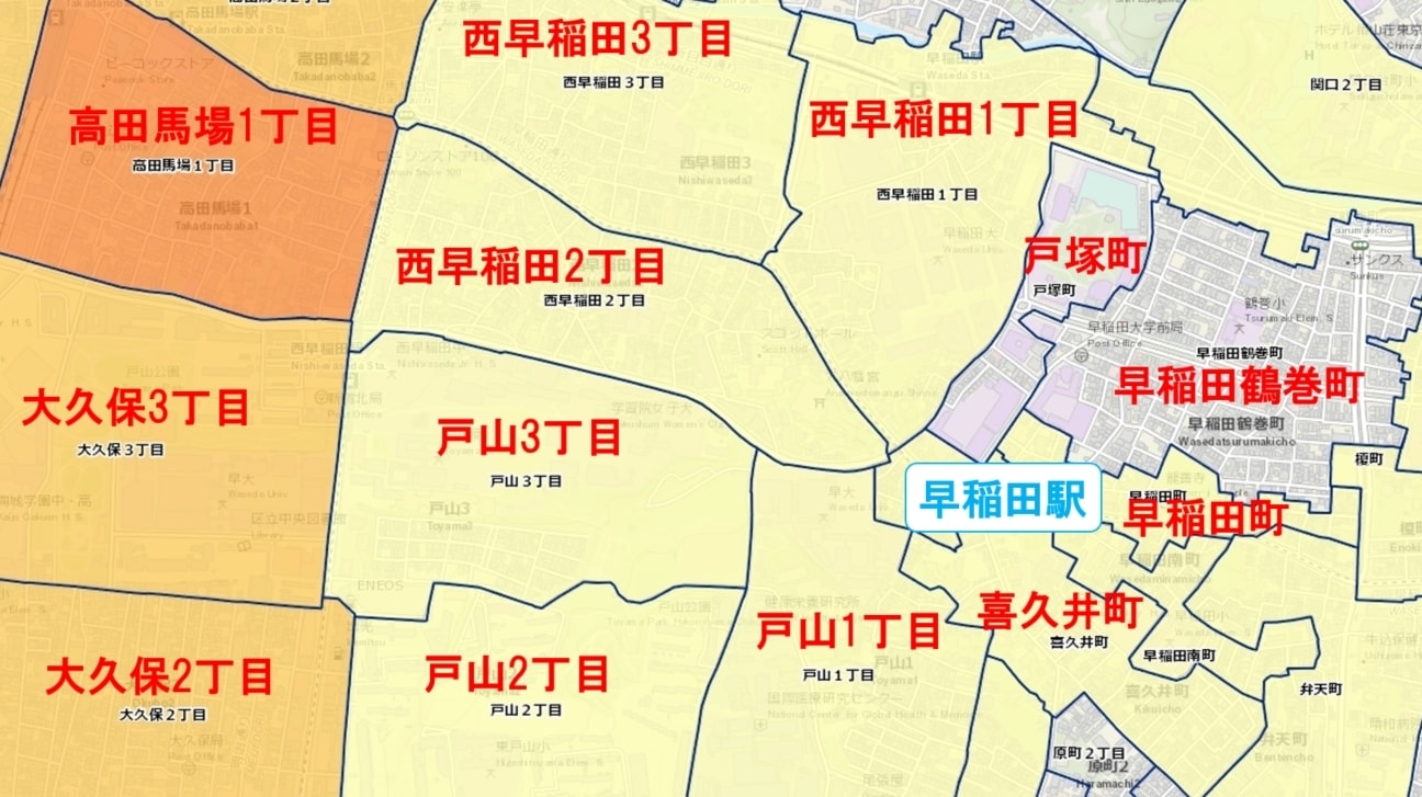 早稲田駅周辺の粗暴犯の犯罪件数マップ