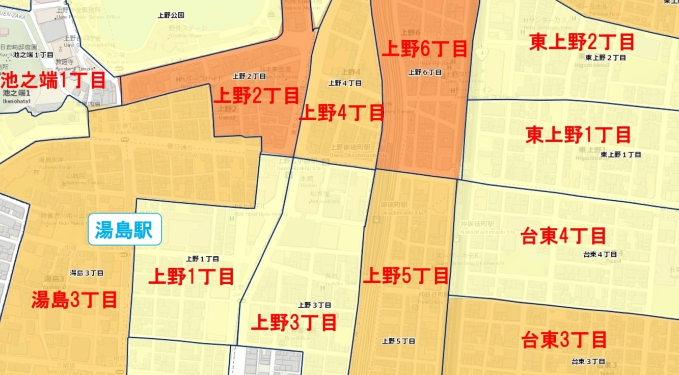湯島駅周辺の粗暴犯の犯罪件数マップ