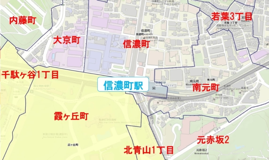 信濃町駅周辺の粗暴犯の犯罪件数マップ