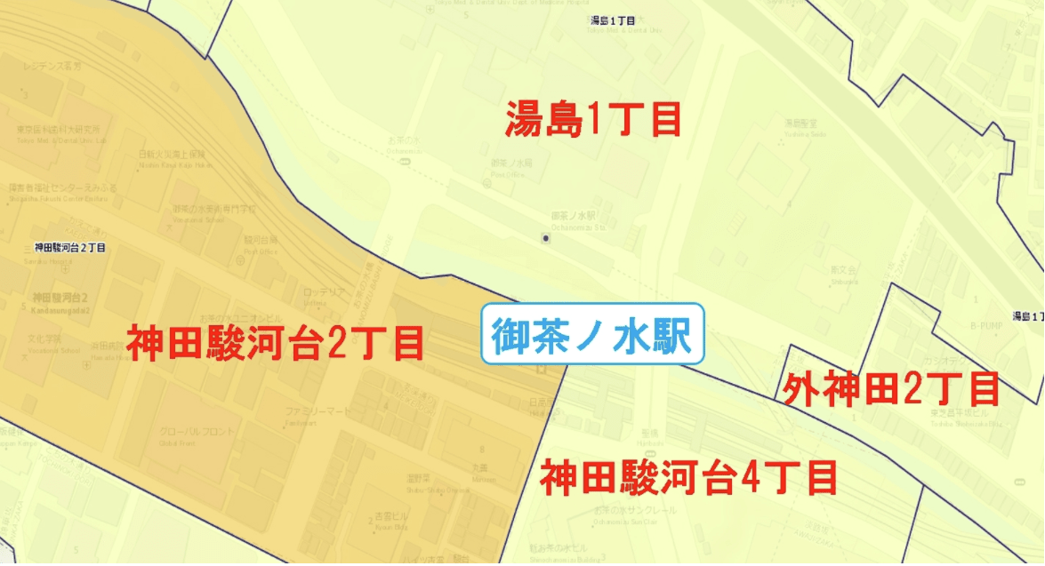 御茶ノ水駅周辺の粗暴犯の犯罪件数マップ