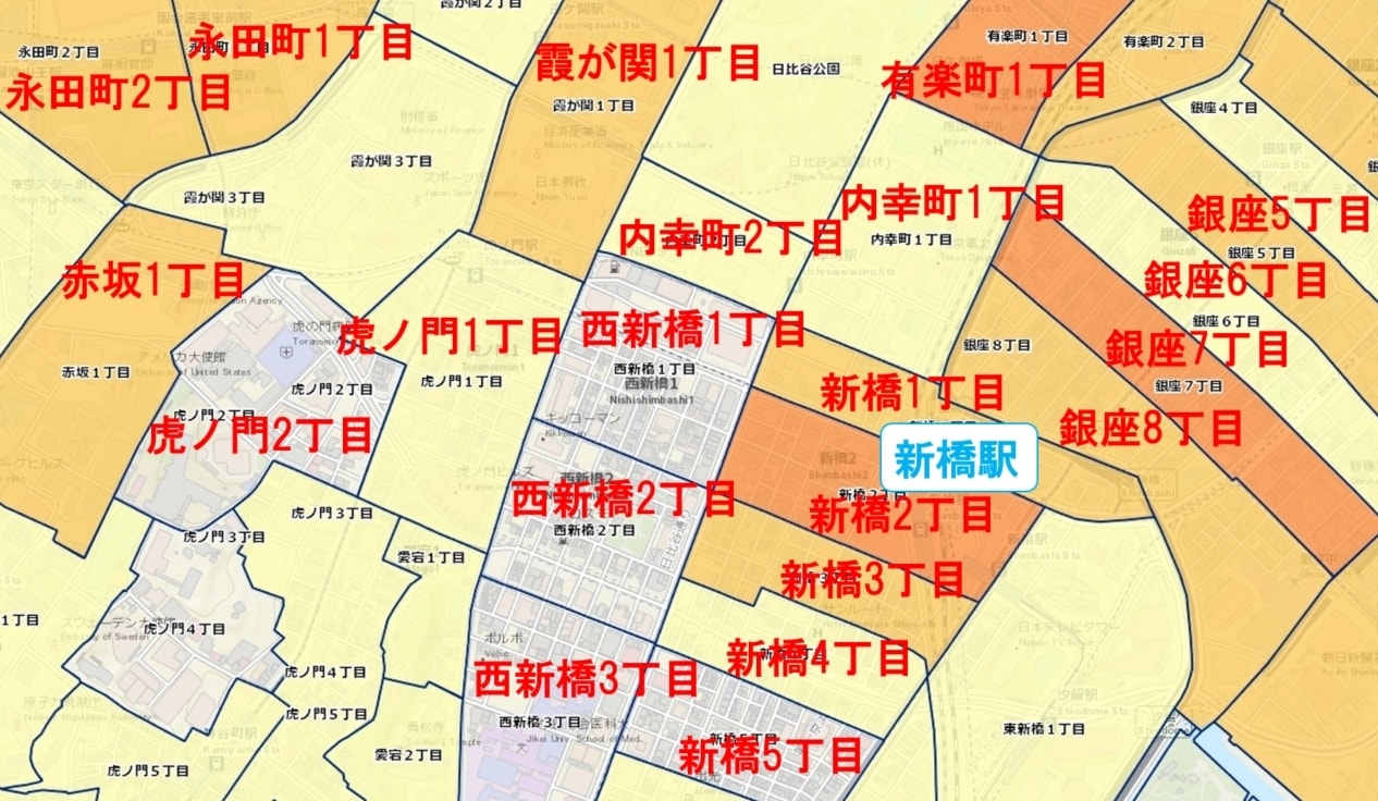 新橋駅周辺の粗暴犯の犯罪件数マップ