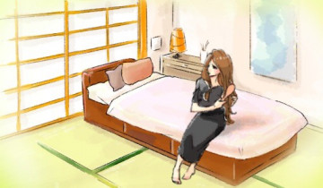 和室のベッドに座っている女性のイラスト