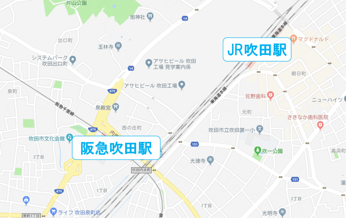 JR吹田駅と阪急吹田駅の位置