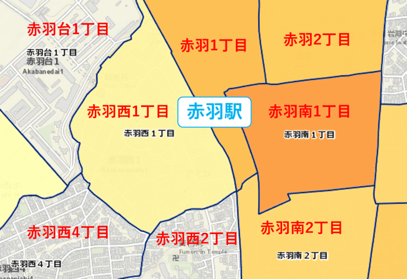 赤羽駅周辺の粗暴行為発生マップ