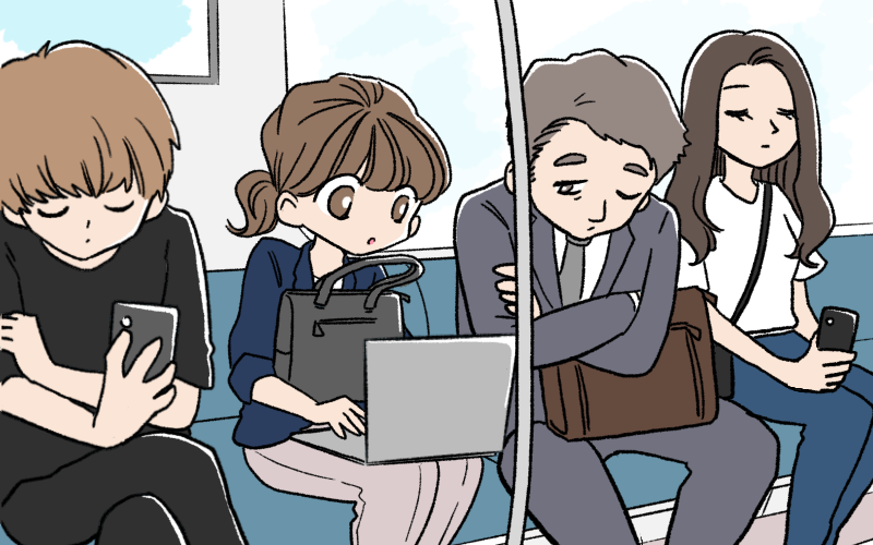 電車の中でパソコンを開く人のイラスト