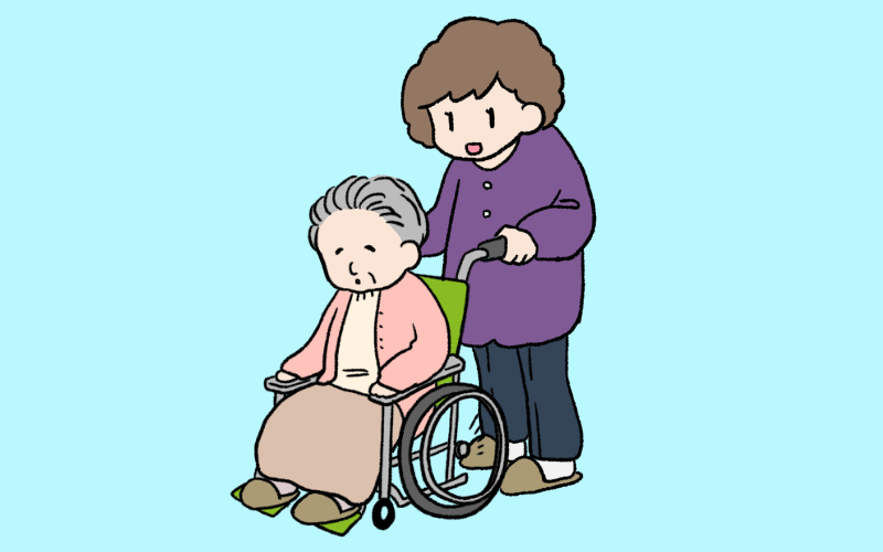 車椅子のおばあさんとそれを押す女性のイラスト