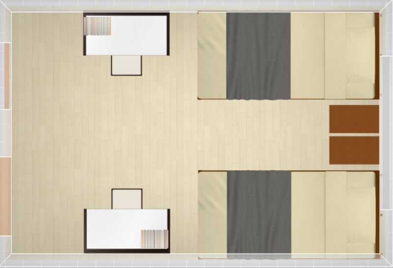 7畳にシングルの2段ベッドを2つ置いた例