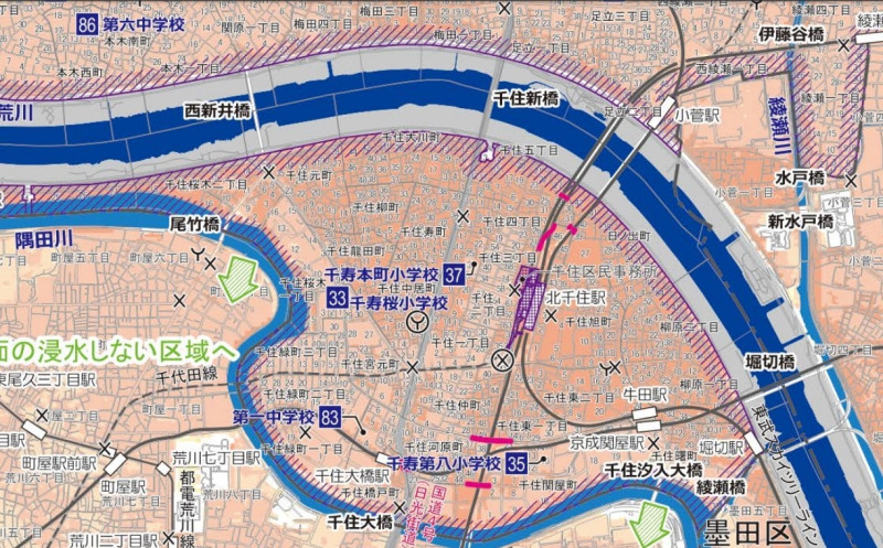 北千住駅周辺のハザードマップ
