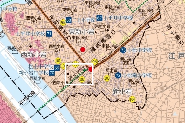 新小岩駅付近のハザードマップ(荒川洪水)