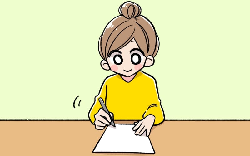 机で申込書を書いている女の子のイラスト