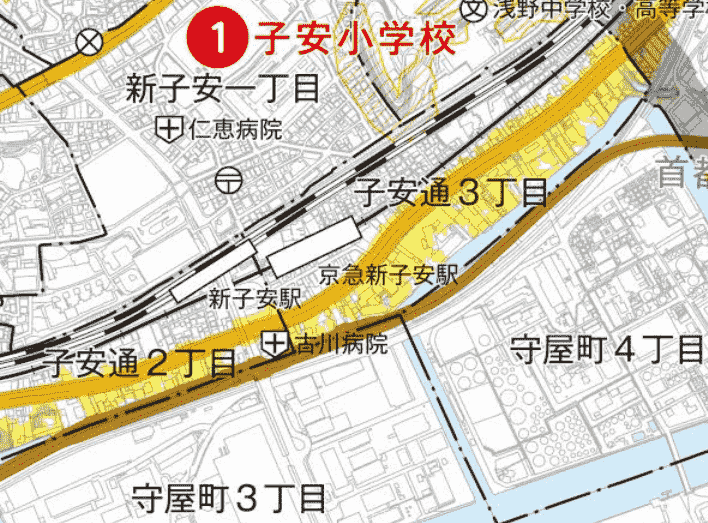 新子安駅付近のハザードマップ