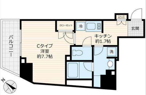 キッチンが狭い代わりに居室が広い1K
