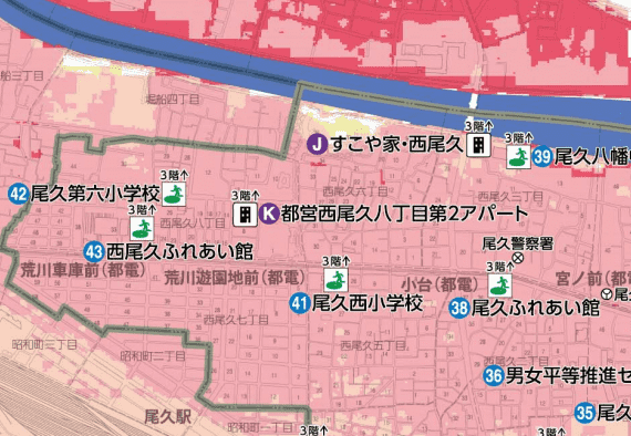 尾久駅周辺のハザードマップ
