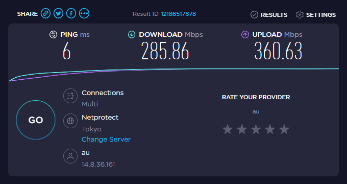 speedtestの測定結果画面