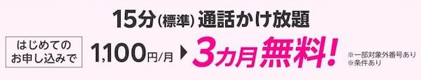 【15分（標準）通話かけ放題】料金3カ月無料特典