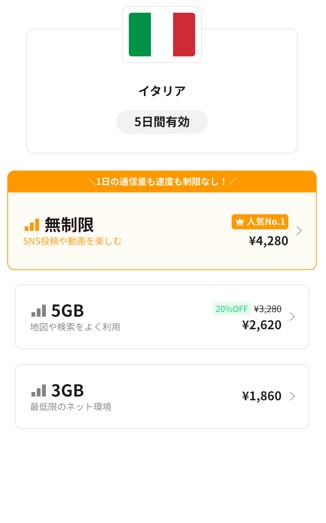 trifa_イタリア_料金表5日間