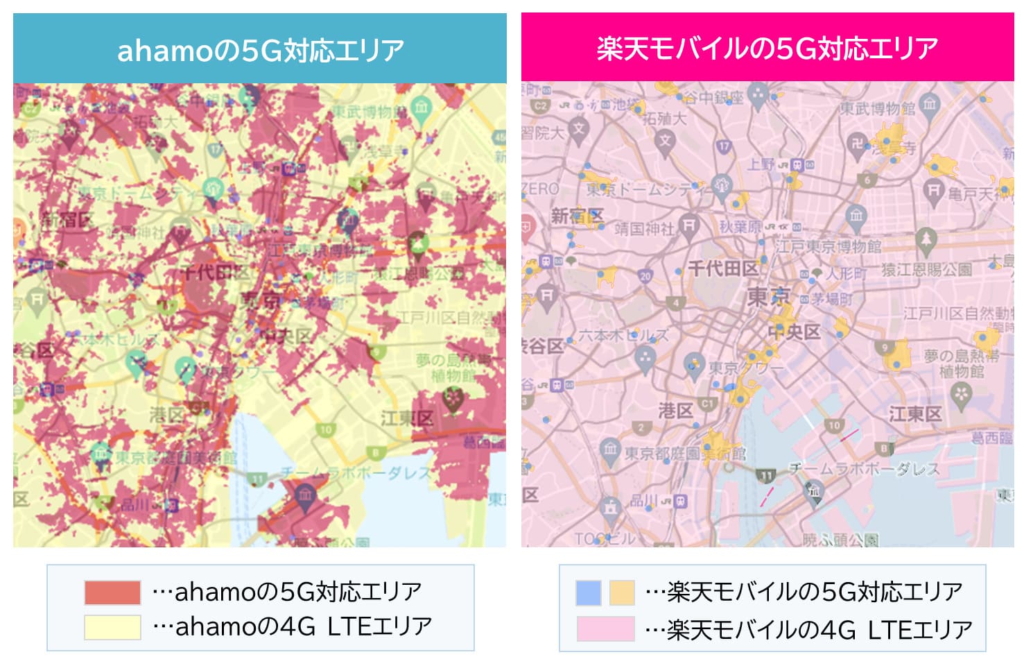 ahamoと楽天モバイルの5G対応エリアの比較