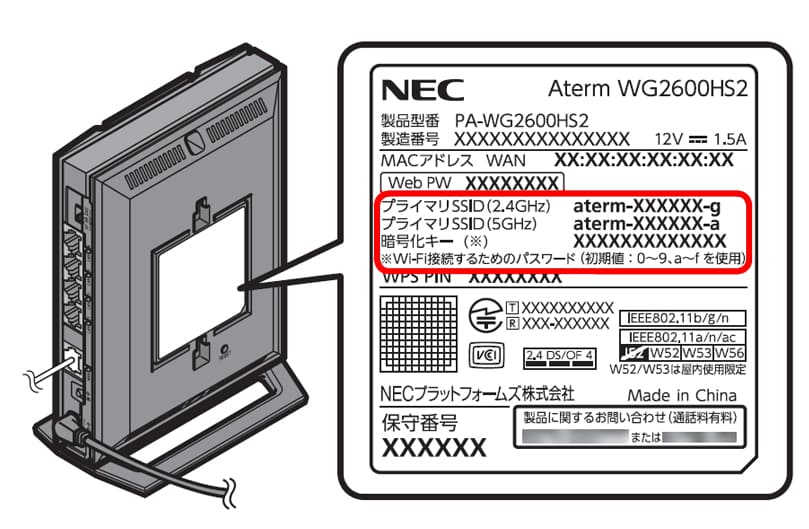 NEC Aterm WG2600HS2のWi-Fiパスワードは機器側面に印字してある