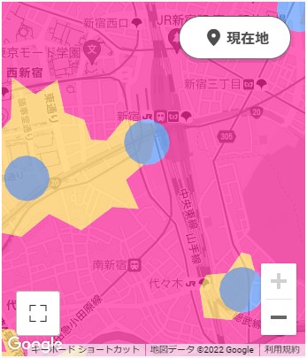楽天モバイルのエリア検索で新宿駅周辺を拡大した画面