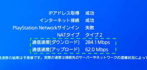 PS4の回線速度測定結果画面