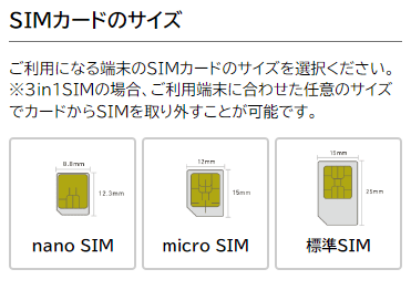 NUROモバイル公式サイトからの申し込み SIMカードのサイズ選択画面