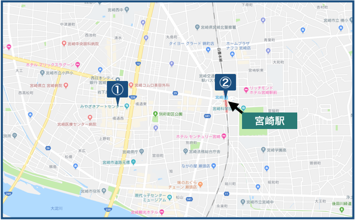 宮崎駅周辺の地図