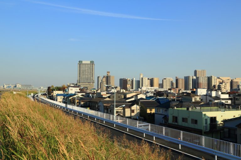 荒川土手と北千住の街並み