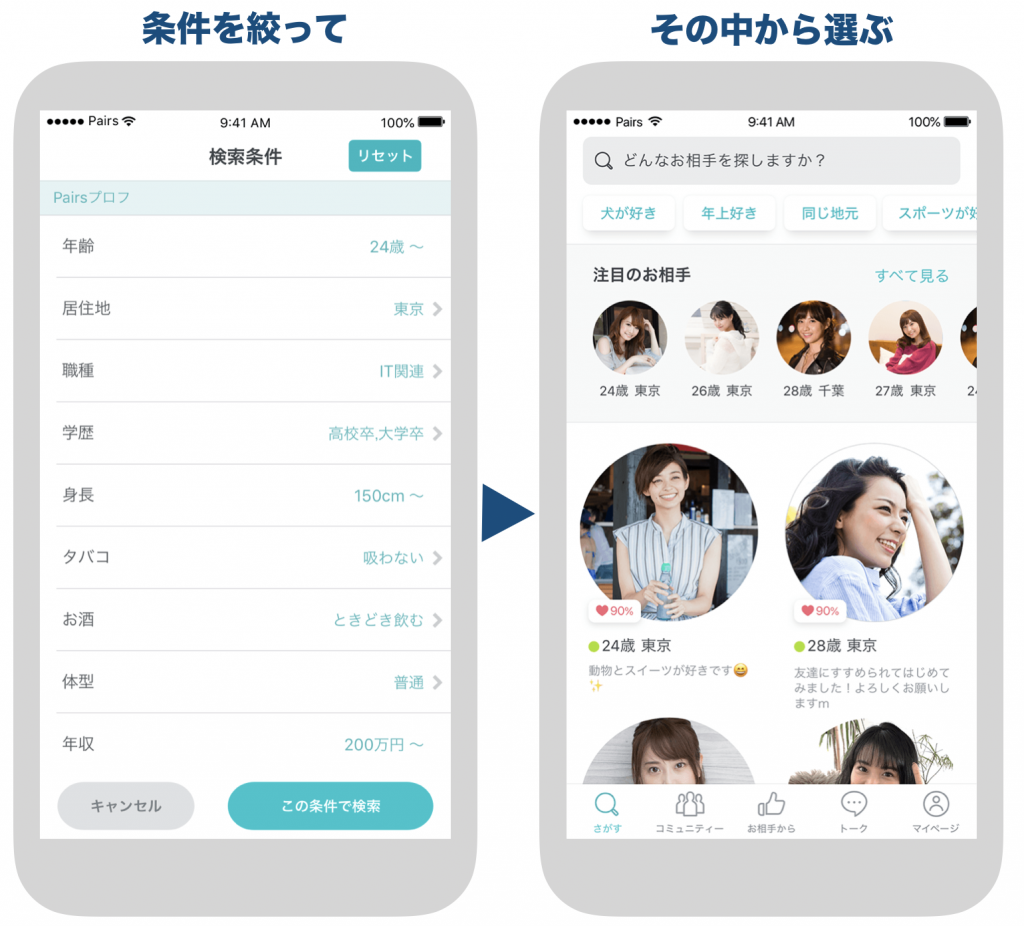 マッチングアプリペアーズの利用画面