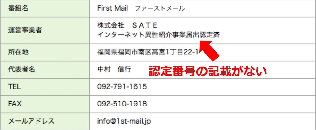 異性紹介事業届出の表記がない