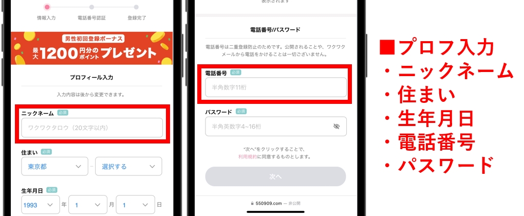 ワクワクメール　プロフを入力して登録