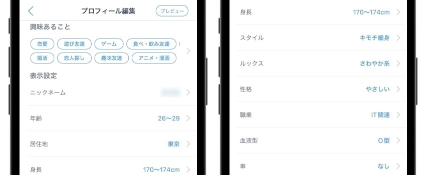 Jメール　プロフィールの項目