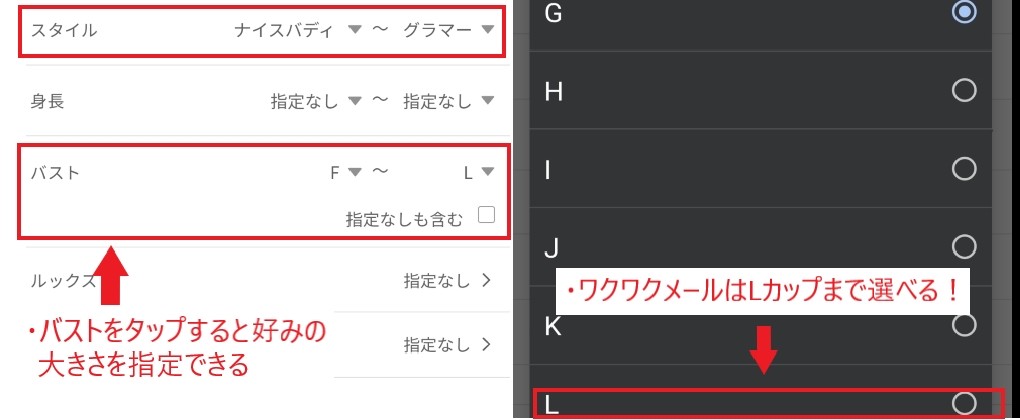 ワクワクメールで巨乳の絞り込みをしている画面