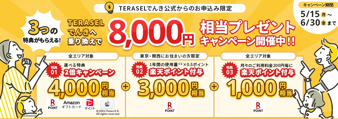 TERASELでんき 8,000円相当プレゼントキャンペーンバナー