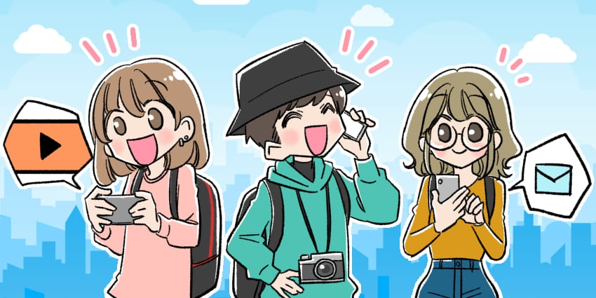 用途にあった通信速度や容量が選んで海外でWiFiを使っている人々のイラスト